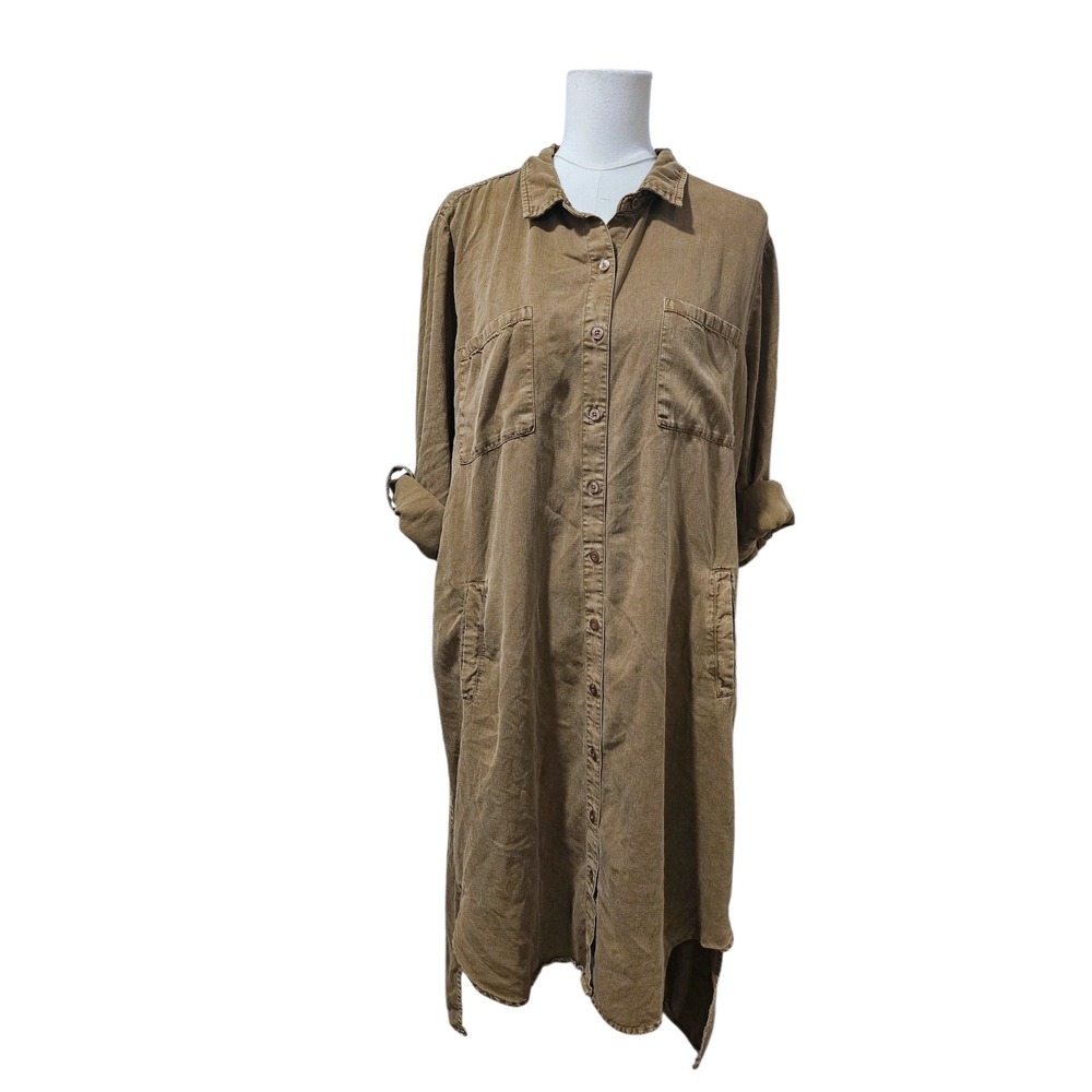 Wash Lab Denim Lyocell Shirt Dress XL Olive Brown Utility Midi Button Down